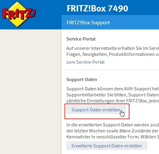 Auf Support-Daten erstellen klicken